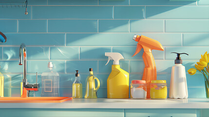 A clean 3D illustration of  everyday household and  kitchen cleaning essentials