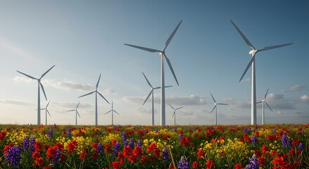 Wind farm with colorful wildflowers in the foreground