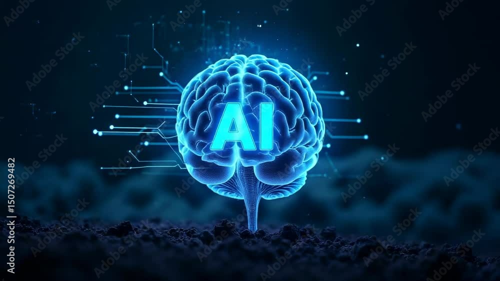 Poster a digital rendering of a glowing blue brain with ai displayed within its center.