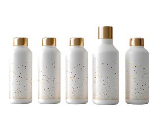 Elegant, gold-accented, white bottles in various sizes
