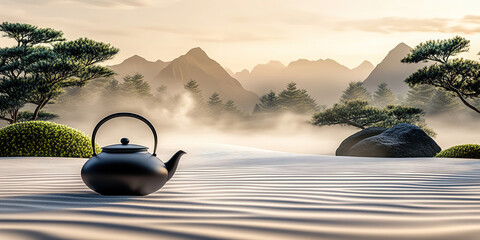 Chinese traditional culture tea ceremony concept teapot placed on flowing sand