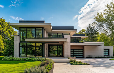 Fototapeta premium Modern architectural masterpiece featuring large glass windows and sleek lines