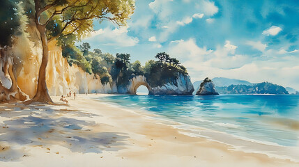 Coastal scene of a beach with arching rock formations.