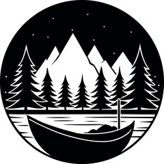 Scenic boat ride on a lake under a starry night sky . silhouette vector.