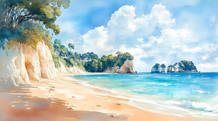 Coastal scene of a sandy beach and cliffs.