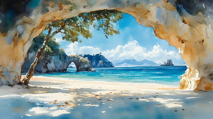 A serene coastal scene viewed from a rocky cave.