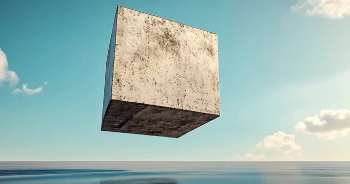 A concrete cube levitates above a calm sea under a cloudy sky, creating a surreal and minimalist scene.