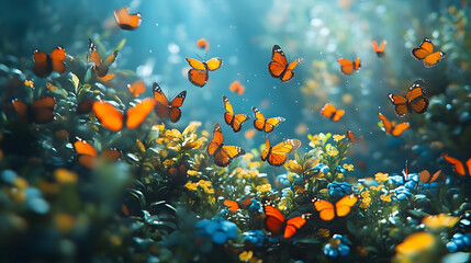 Many butterflies flitting among flowers in a vibrant garden.