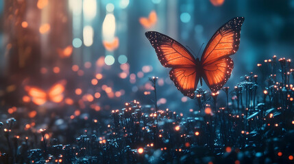 A glowing butterfly rests amongst illuminated plants in a mystical forest.