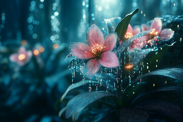 Glowing flowers in a mystical forest setting.