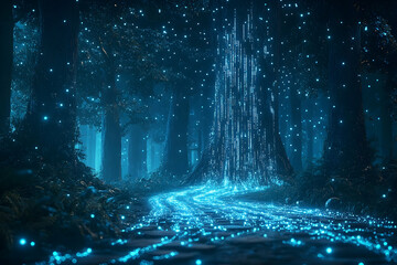 Mystical path through a glowing forest at night.