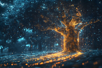 Illuminated tree in a magical night forest.