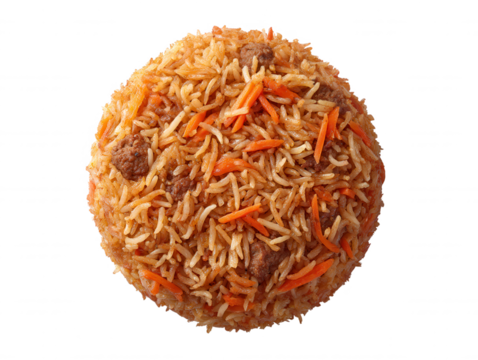 Overhead view of a delicious plov dish with seasoned rice, juicy meat pieces, and vibrant carrots, a classic and flavorful Central Asian cuisine treat.