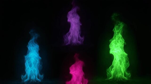 Colored flames on black background video &ndash; blue flame, green flame, pink flame, cyan flame for visual design and intros.