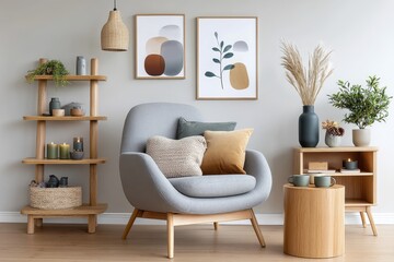 Abstract Beige and Black Geometric Pattern Art in Modern Living Room - Modern living room decor, featuring geometric art, a cozy armchair, wooden shelves, and natural elements. Symbolizing serenity