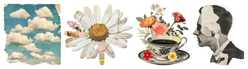 Plakat PNG Vintage collage with floral elements, element set on transparent background