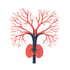 Kidney Anatomy and Tree Root System Graphic in Teal and Salmon Colors on White Backdrop
