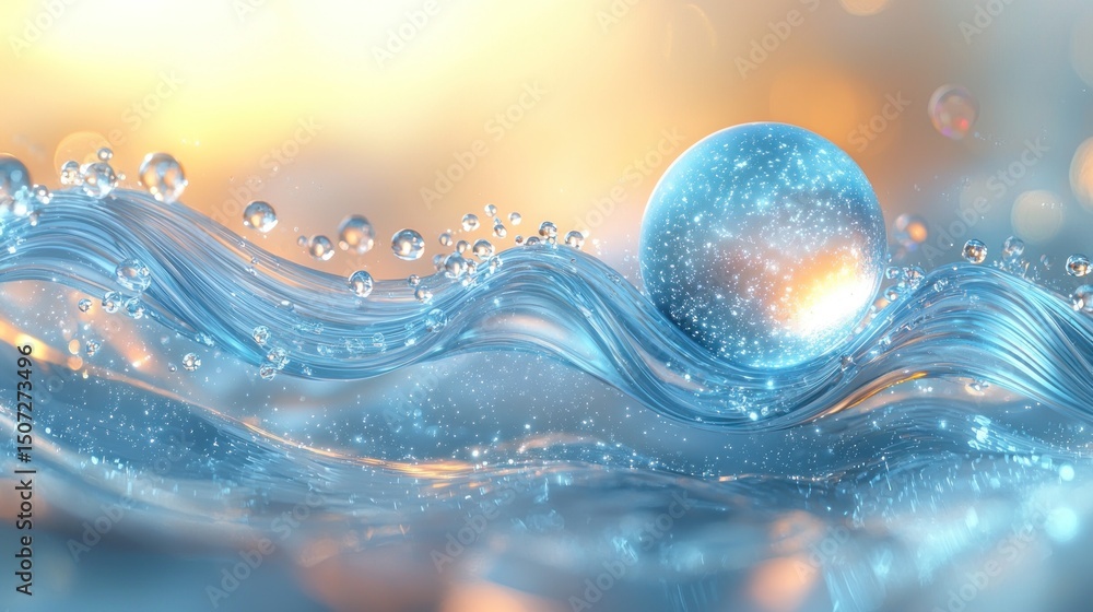Poster sparkling sphere on water waves with bokeh background abstract concept