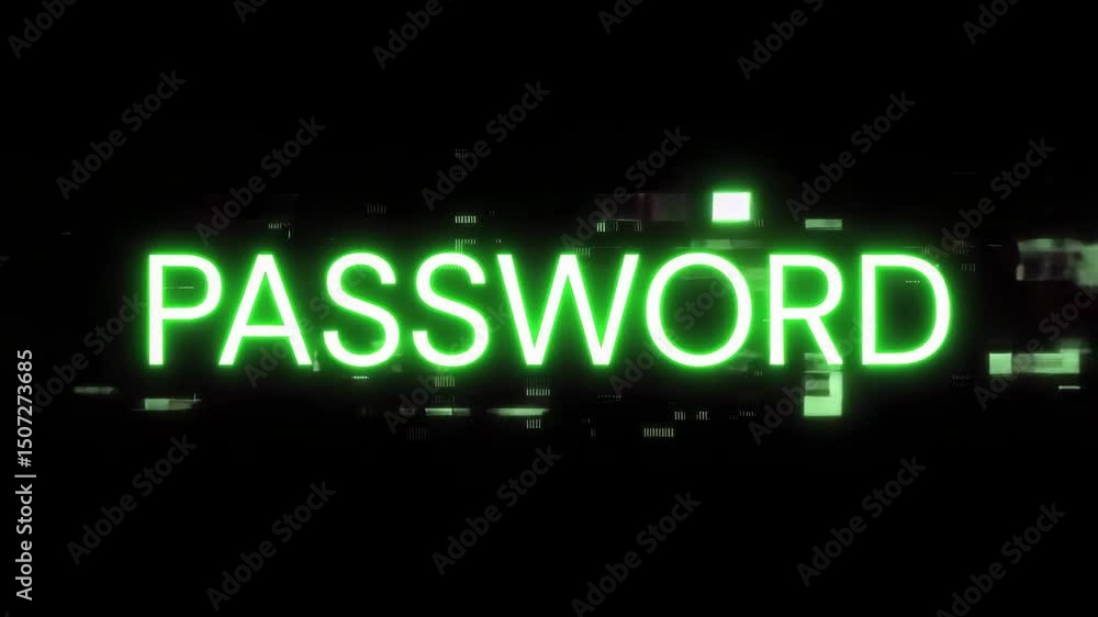 Poster illuminated green password text with glitch effects symbolizes internet security.