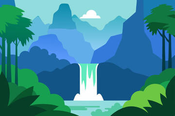 Mountain landscape with green forest, trees, and blue sky with clouds