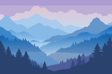 Obraz premium Mountain landscape with fog and pine trees at sunrise