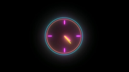 Glowing Neon Clock on Black Background with Hour and Minute Hands Indicating Time