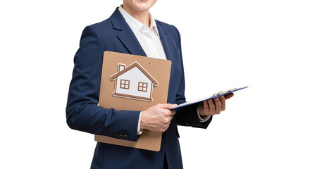 Real estate agent holding clipboard with house icon and documents  