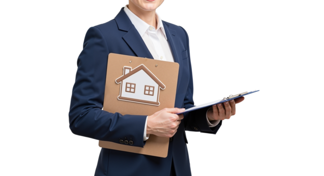 Real estate agent holding clipboard with house icon and documents  