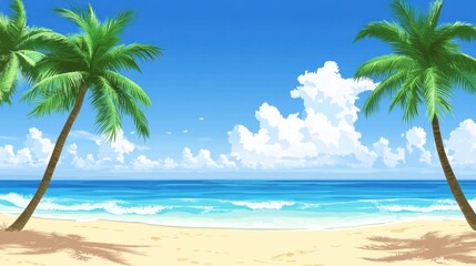Relaxing Beach Scene with Palm Trees, Blue Sky and Calm Ocean Waves