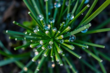 Green grasslike plant stems converging adorned with water droplets viewed from above