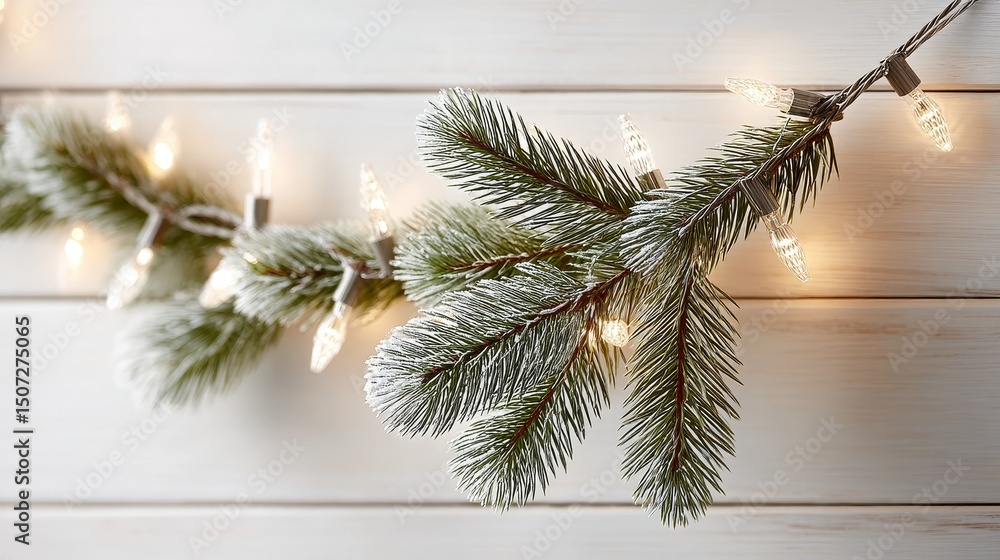 Poster festive winter string lights and pine branch - glimmering string lights draped artistically over a s