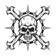 Monochrome Skull and Crossbones Illustration, Spiked Circle Backdrop, Vector Art for Graphic Design, Isolated on White                                