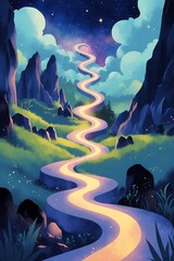 Illustration abstraite d'un chemin lumineux serpentant à travers un paysage onirique représentant un voyage intérieur vers la paix mentale. Fond étoilé couleurs apaisantes espace dégagé pour l'ajou...