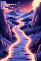 Illustration abstraite d'un chemin lumineux serpentant à travers un paysage onirique représentant un voyage intérieur vers la paix mentale. Fond étoilé couleurs apaisantes espace dégagé pour l'ajou...