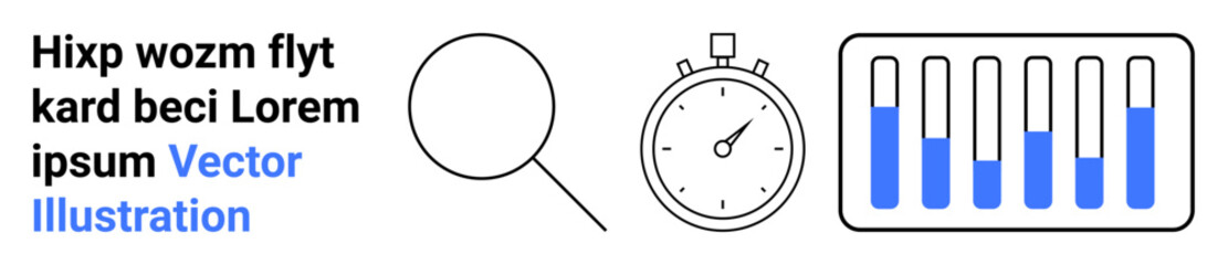 Magnifying glass, stopwatch, labeled test tubes with blue fluid signifying time management, scientific discovery, education, laboratory research, analysis tools, innovation focus, and simple landing