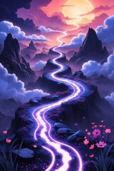 Illustration abstraite d'un chemin lumineux serpentant à travers un paysage onirique représentant un voyage intérieur vers la paix mentale. Fond étoilé couleurs apaisantes espace dégagé pour l'ajou...