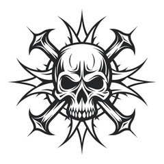Monochrome Skull with Crossed Swords and Spiked Halo Illustration on White                                                                            