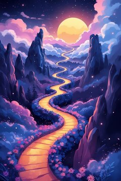 Illustration abstraite d'un chemin lumineux serpentant &agrave; travers un paysage onirique repr&eacute;sentant un voyage int&eacute;rieur vers la paix mentale. Fond &eacute;toil&eacute; couleurs apaisantes espace d&eacute;gag&eacute; pour l'ajou...