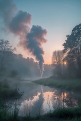Photographie d'un paysage naturel calme avec une légère brume matinale suggérant la respiration profonde et la connexion avec la nature. Fond doux couleurs naturelles espace en haut et en bas pour ...