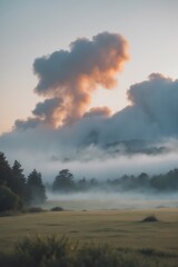 Photographie d'un paysage naturel calme avec une légère brume matinale suggérant la respiration profonde et la connexion avec la nature. Fond doux couleurs naturelles espace en haut et en bas pour ...