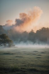 Photographie d'un paysage naturel calme avec une légère brume matinale suggérant la respiration profonde et la connexion avec la nature. Fond doux couleurs naturelles espace en haut et en bas pour ...
