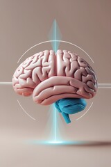 Représentation symétrique d'un cerveau flottant au centre d'un fond neutre avec des lignes douces émanant des deux hémisphères symbolisant l'équilibre mental. Palette de couleurs pastel espace suff...