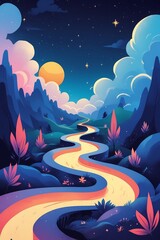 Illustration abstraite d'un chemin lumineux serpentant à travers un paysage onirique représentant un voyage intérieur vers la paix mentale. Fond étoilé couleurs apaisantes espace dégagé pour l'ajou...