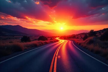 Fototapeta premium A winding road disappearing into a vibrant sunset, symbolizing the exciting possibilities and unknown adventures that lie ahead on life's journey , distant, aspiration