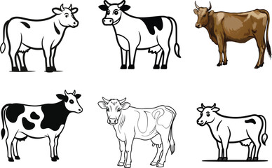Cow collection vector illustration on transparent background.