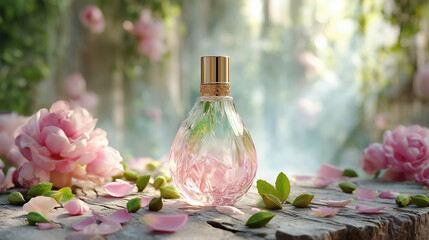Cardamom and Rose Perfume in Bottle, Scene with Elegant Botanical Composition, Luxury Natural Fragrance Concept, Romantic Scent Still Life with Soft Light and Copy Space.