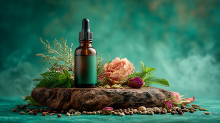 Dark Glass Beauty Oil Bottle on Wooden Surface with Flowers and Spices, Emerald Wall Background, Mysterious Aromatherapy and Serum Skincare Still Life Scene, Mockup.