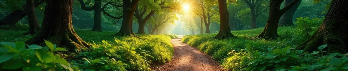 Obraz premium A winding path through a vibrant forest, sunlight dappling the leaves, leading to a distant, unseen destination The journey is symbolic of life's path, adventure, and exploration , journey, sunlight