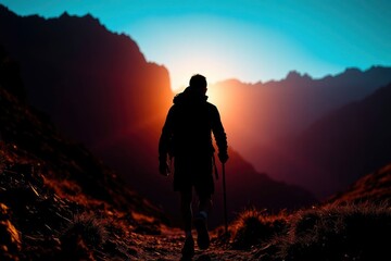 Fototapeta premium Silhouetted hiker ascends a mountain path toward a sunset walking with a cane