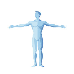 Stylized Full Body Human Figure in Light Blue Tone Standing with Arms Outstretched on White Background